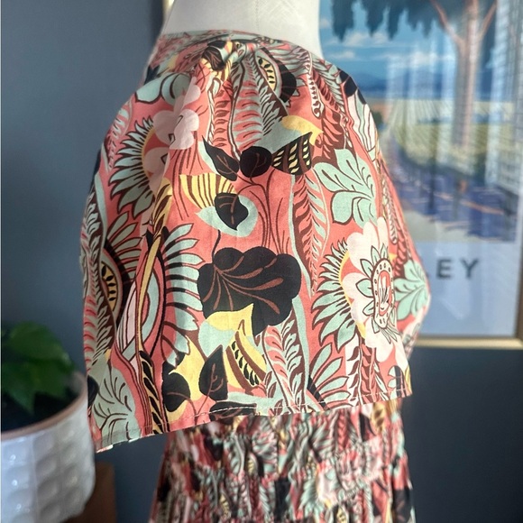 Maeve Anthropologie Coral Green Floral Puff Sleeve Ruffled Skirt Maxi Dress XS - Picture 6 of 11